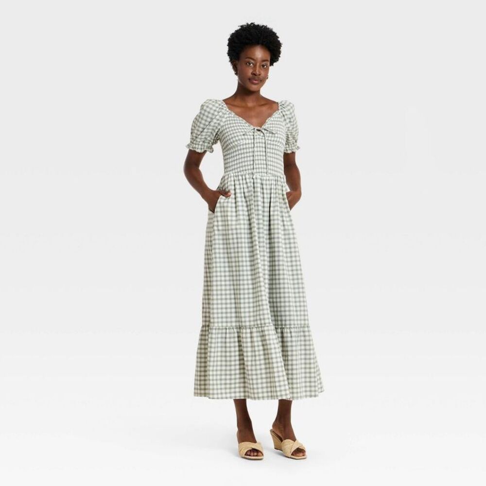 Universal Thread Green and White Gingham Strapless Maxi Dress